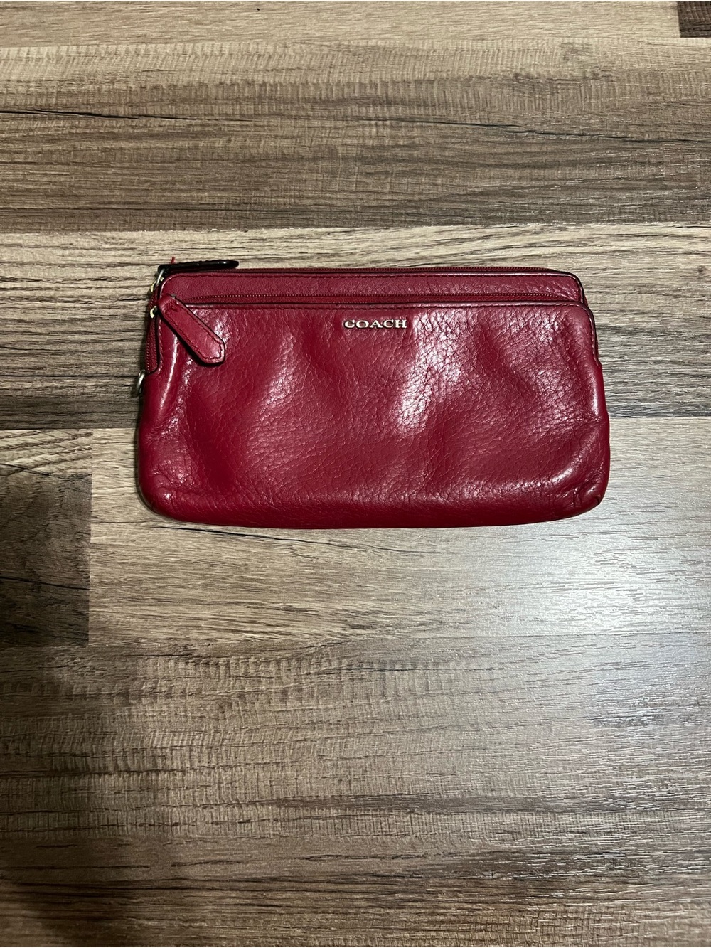 Coach Red Leather double Zip Wallet Wristlet with Gold Logo